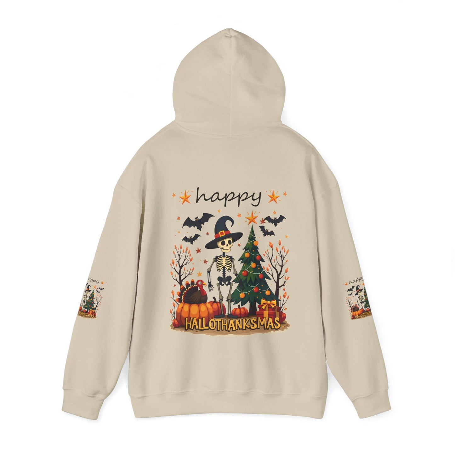 Happy hellothanksmas ,  Unisex Heavy Blend™ Hooded Sweatshirt (sleeve arm design)