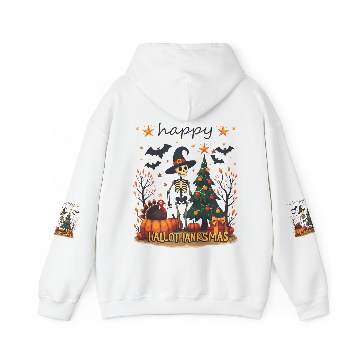 Happy hellothanksmas ,  Unisex Heavy Blend™ Hooded Sweatshirt (sleeve arm design)