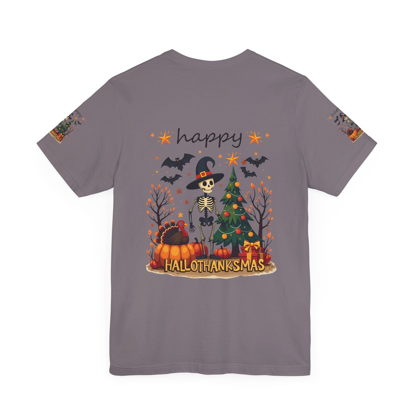 Hello hallothanksmas, Unisex Jersey Short Sleeve Tee ( sleeve design)