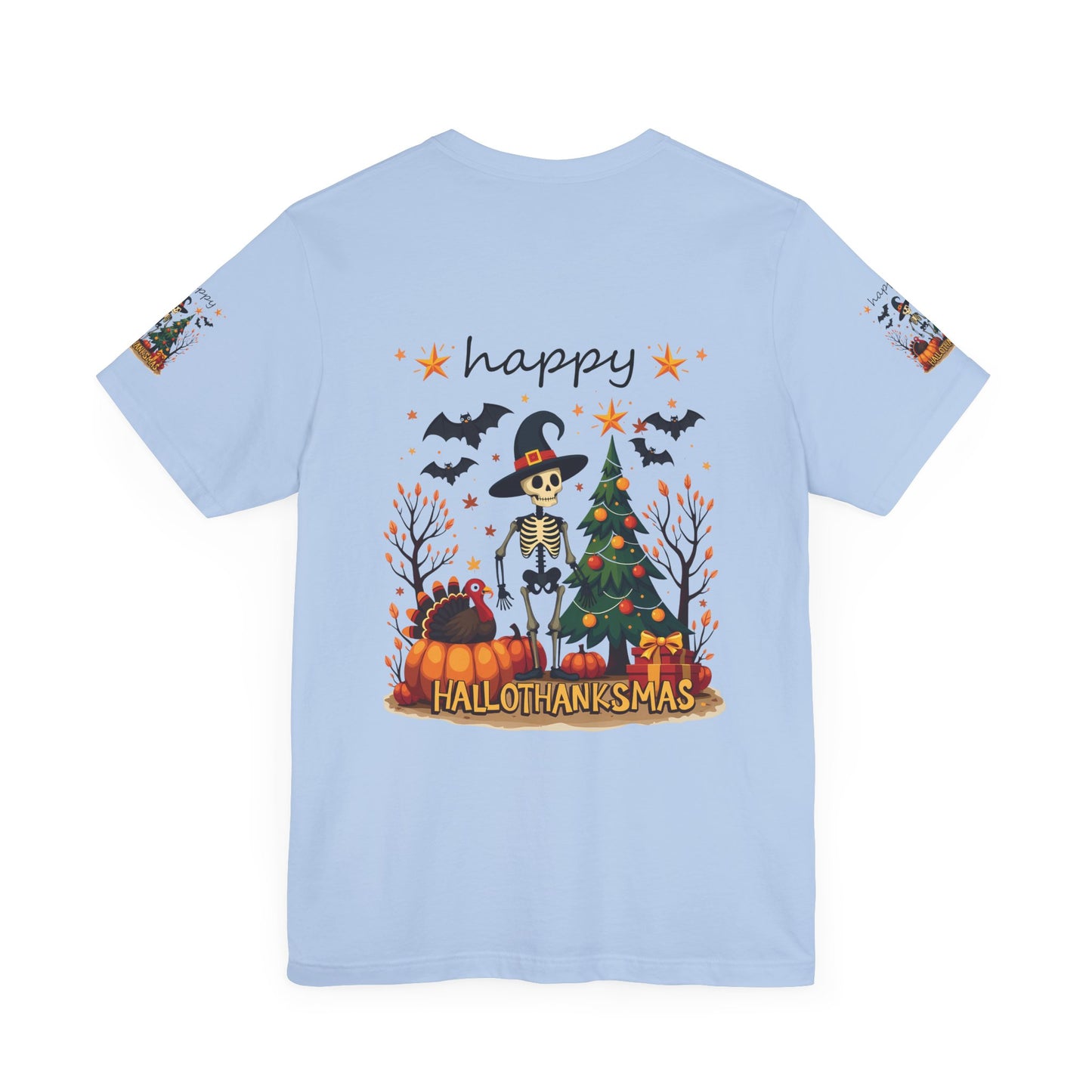 Hello hallothanksmas, Unisex Jersey Short Sleeve Tee ( sleeve design)