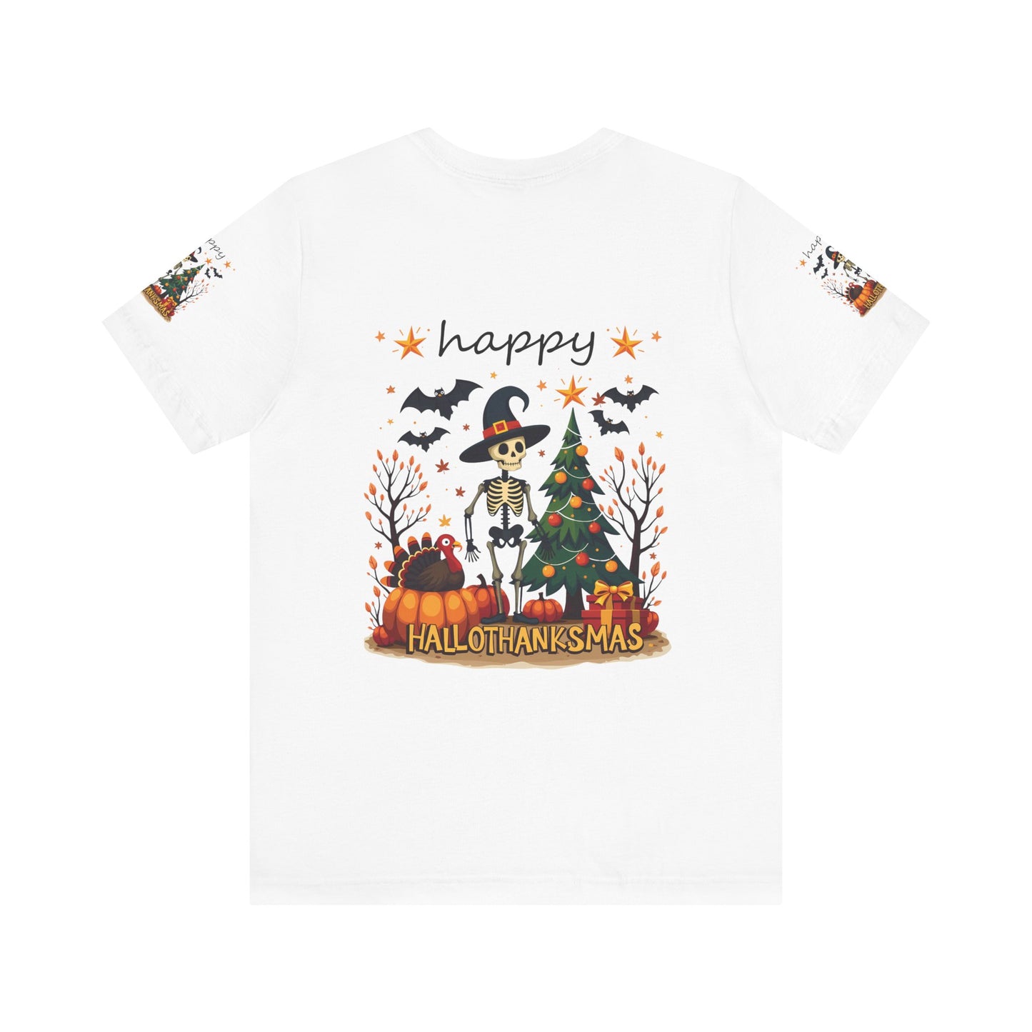 Hello hallothanksmas, Unisex Jersey Short Sleeve Tee ( sleeve design)