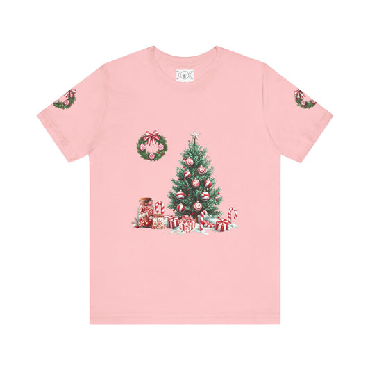 Peppermint Christmas, Unisex Jersey Short Sleeve Tee (sleeve design)