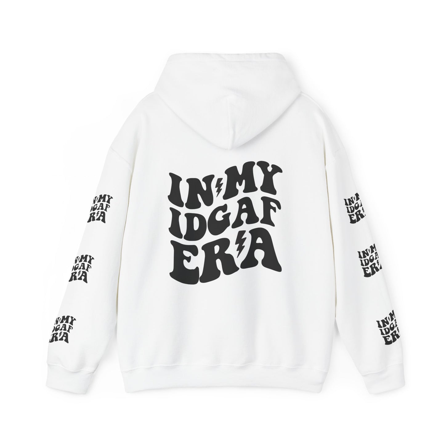 In my IDGAF era,  Unisex Heavy Blend™ Hooded Sweatshirt (side arm design)