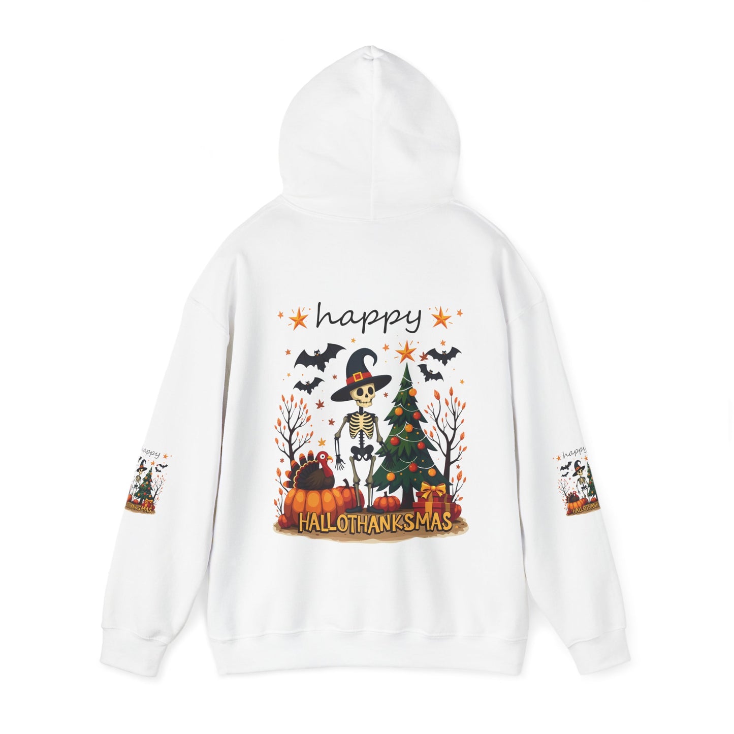 Happy hellothanksmas ,  Unisex Heavy Blend™ Hooded Sweatshirt (sleeve arm design)