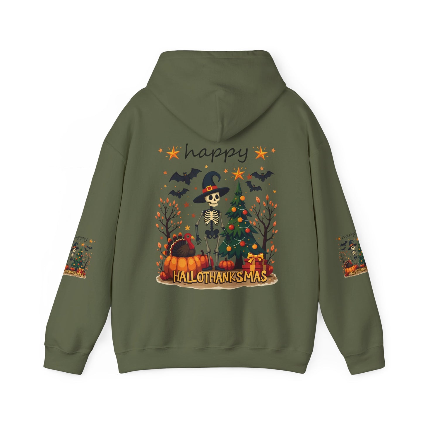 Happy hellothanksmas ,  Unisex Heavy Blend™ Hooded Sweatshirt (sleeve arm design)