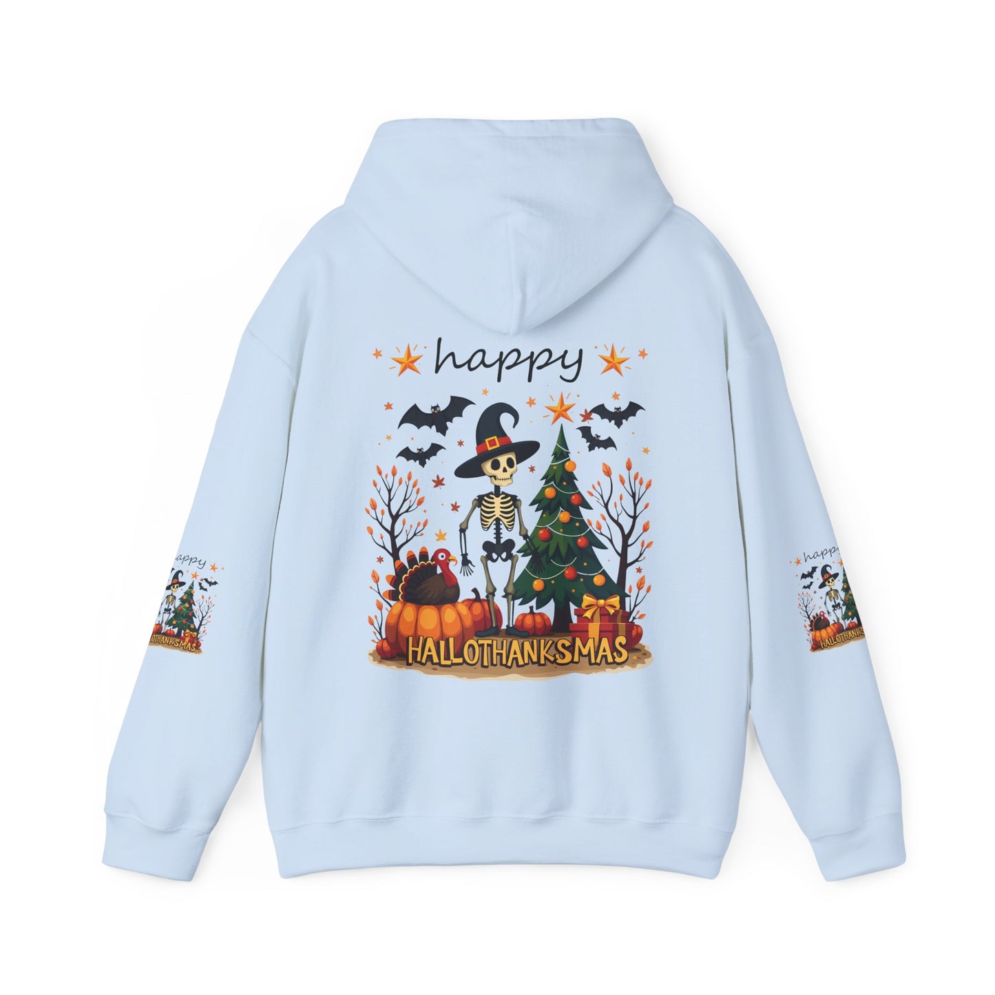 Happy hellothanksmas ,  Unisex Heavy Blend™ Hooded Sweatshirt (sleeve arm design)