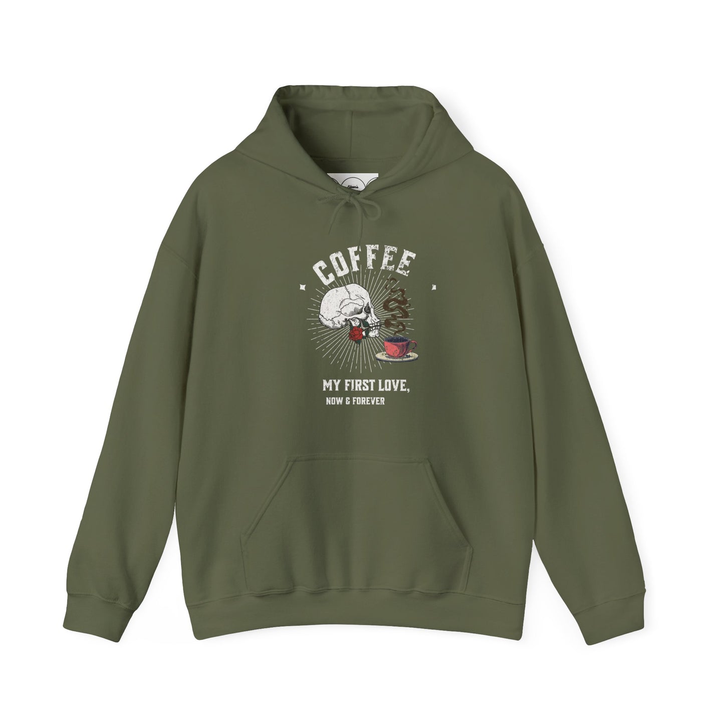 Coffee my first love now & forever, Unisex Heavy Blend™ Hooded Sweatshirt (no sleeve arm design)