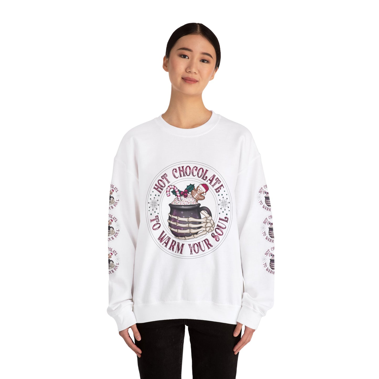 Hot chocolate to warm up my soul, Unisex Heavy Blend™ Crewneck Sweatshirt (Sleeve design)