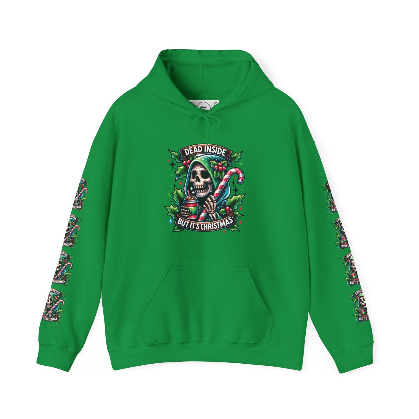 Dead inside but it’s Christmas,  Unisex Heavy Blend™ Hooded Sweatshirt (sleeve arm design)