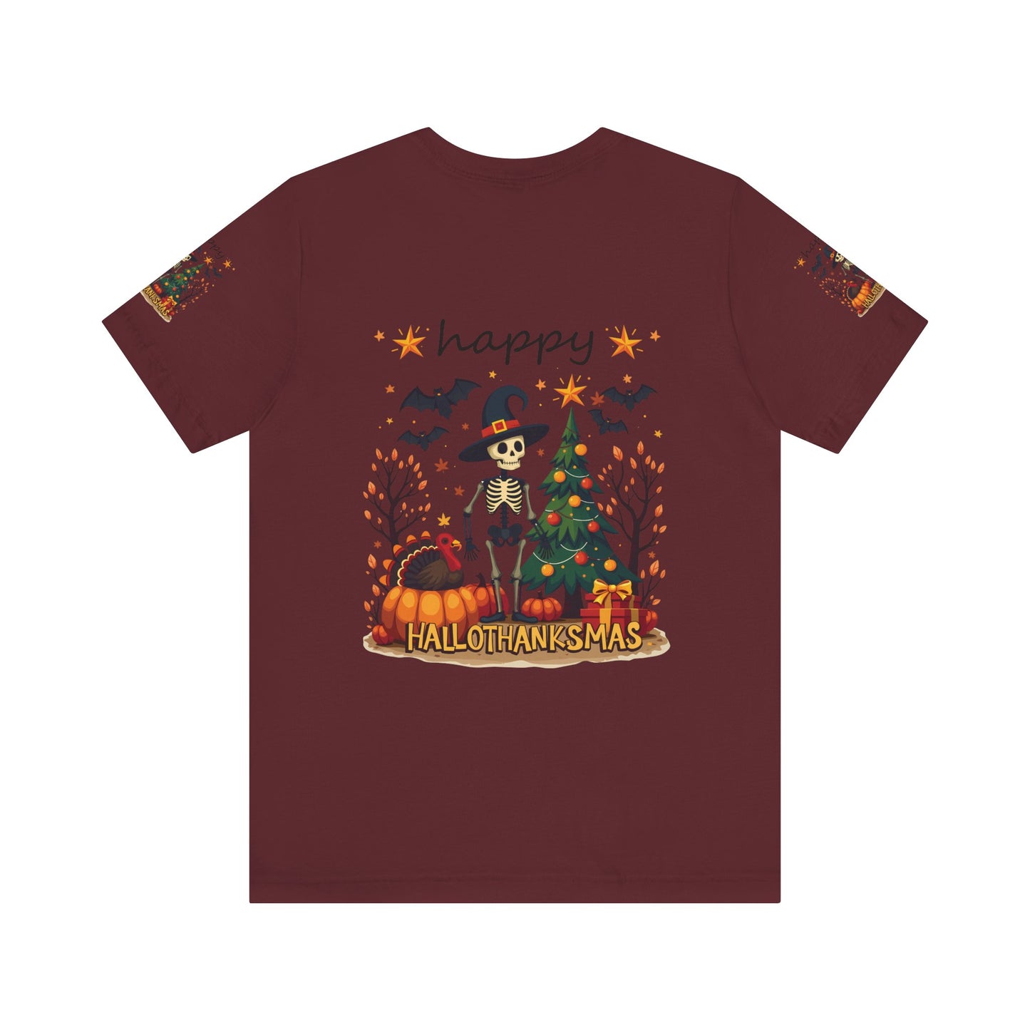 Hello hallothanksmas, Unisex Jersey Short Sleeve Tee ( sleeve design)