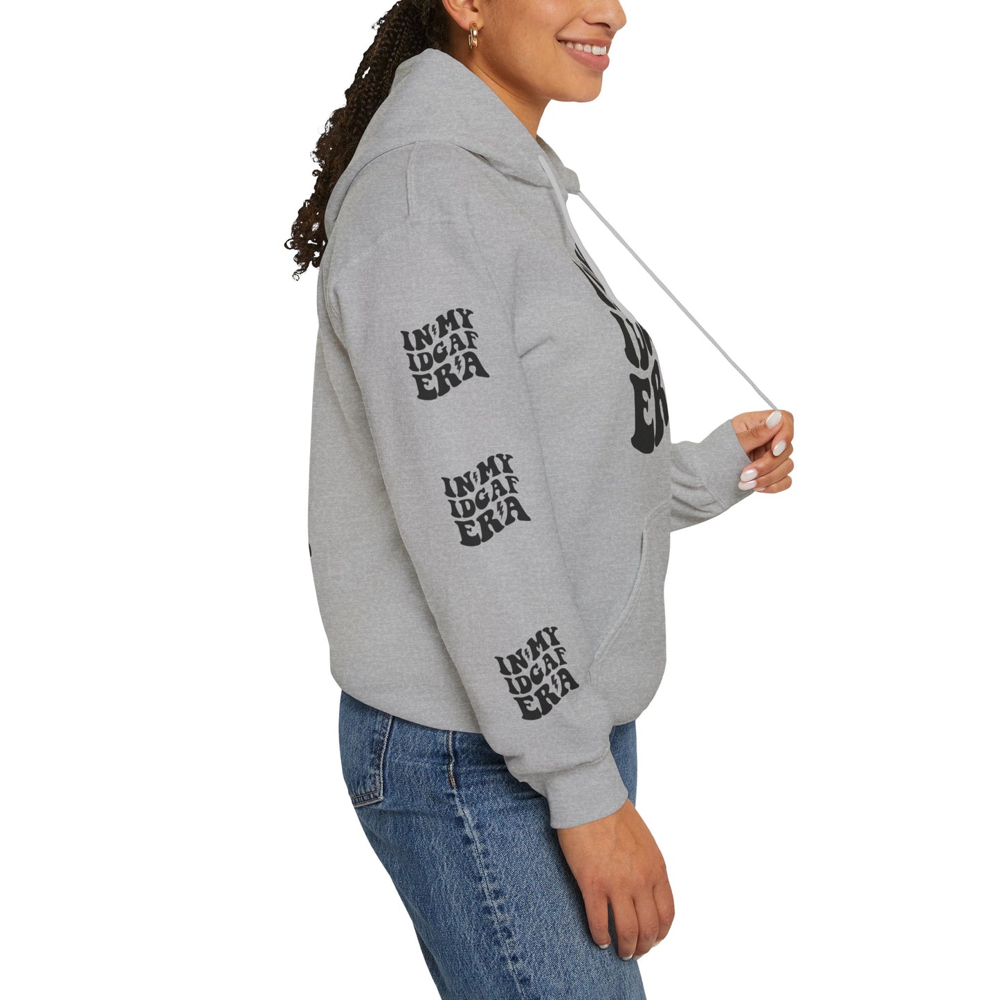 In my IDGAF era,  Unisex Heavy Blend™ Hooded Sweatshirt (side arm design)