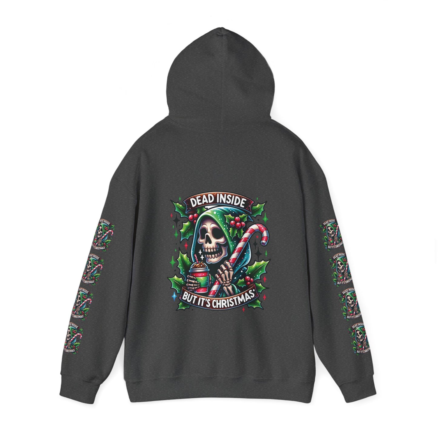 Dead inside but it’s Christmas,  Unisex Heavy Blend™ Hooded Sweatshirt (sleeve arm design)