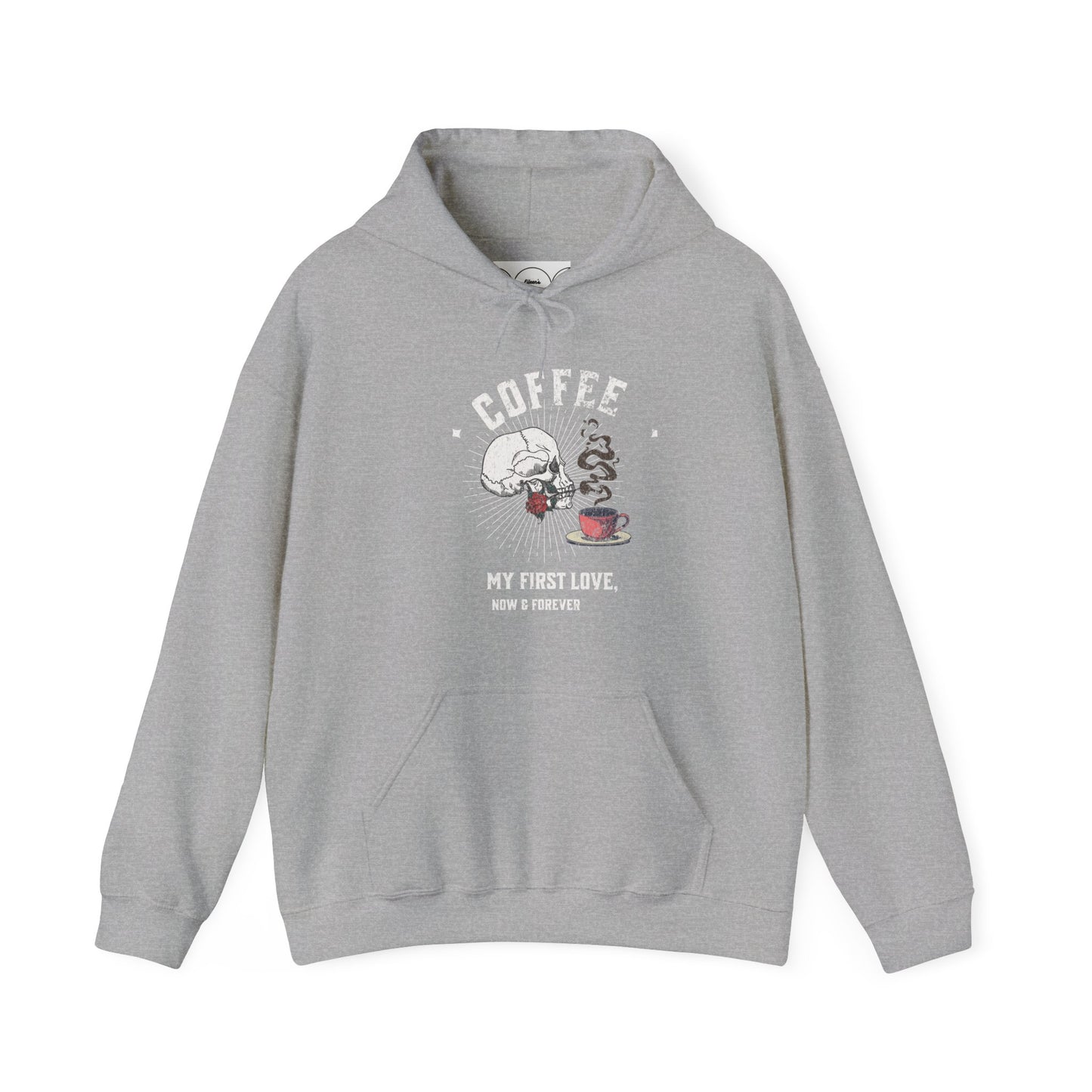 Coffee my first love now & forever, Unisex Heavy Blend™ Hooded Sweatshirt (no sleeve arm design)