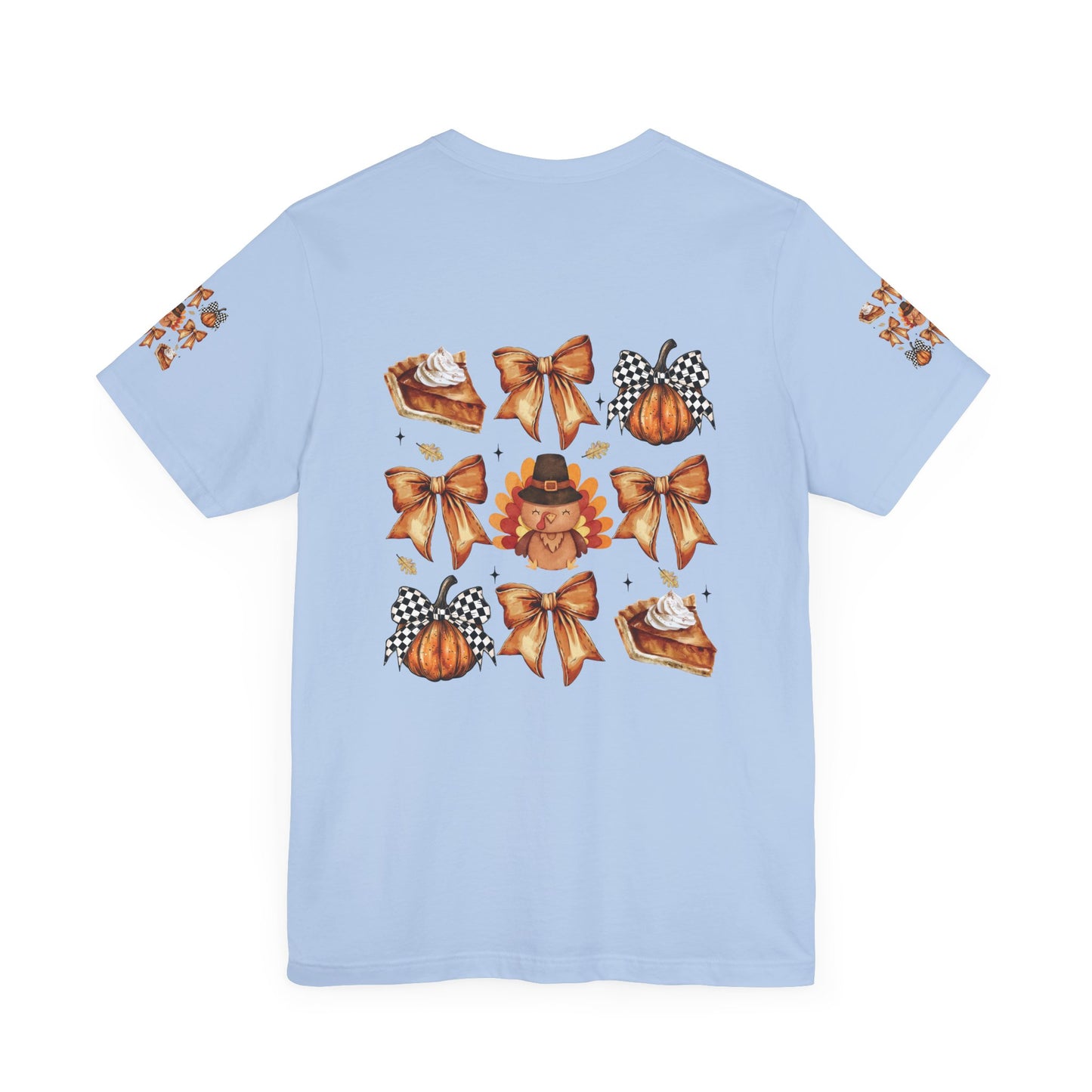 Thanksgiving and bows, Unisex Jersey Short Sleeve Tee (sleeve design)