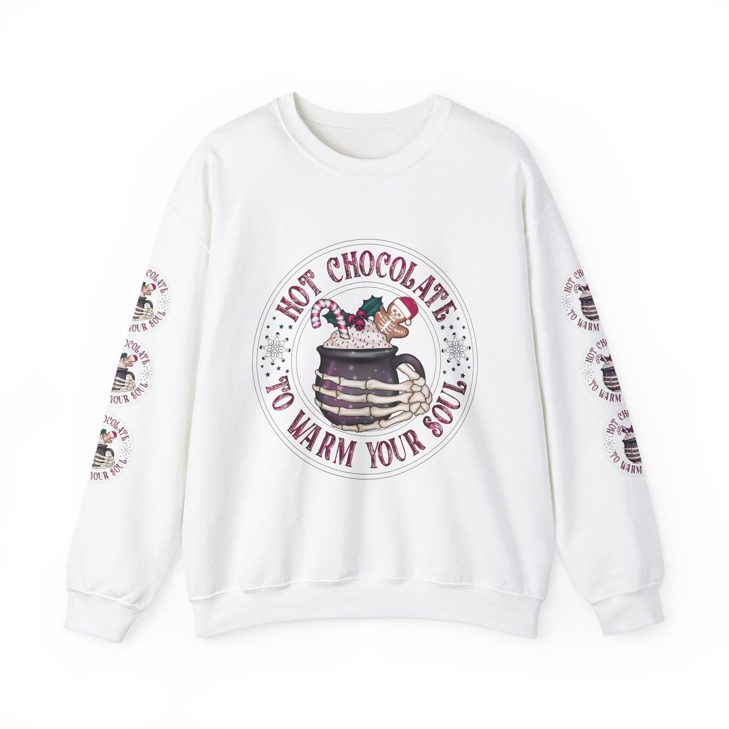 Hot chocolate to warm up my soul, Unisex Heavy Blend™ Crewneck Sweatshirt (Sleeve design)