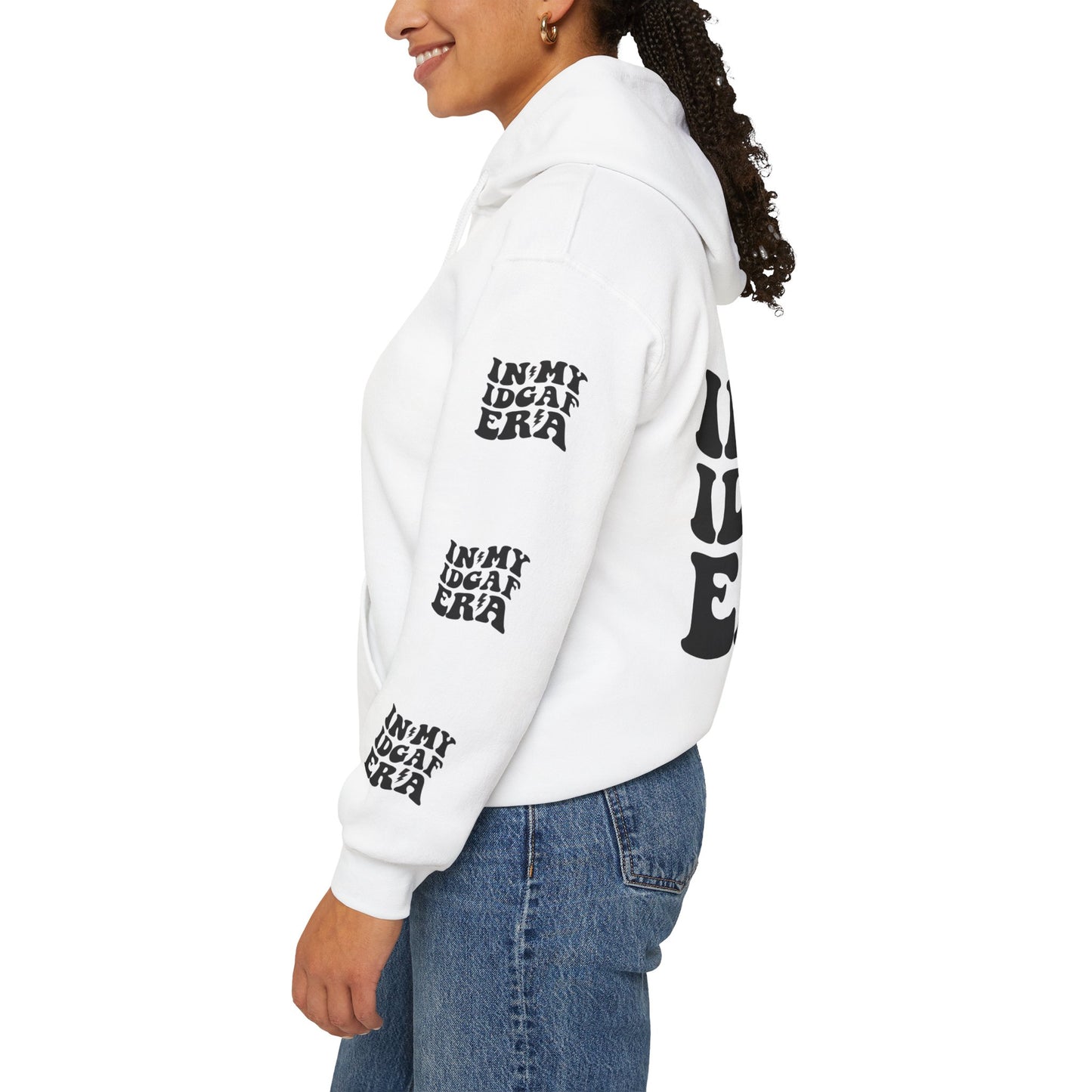 In my IDGAF era,  Unisex Heavy Blend™ Hooded Sweatshirt (side arm design)