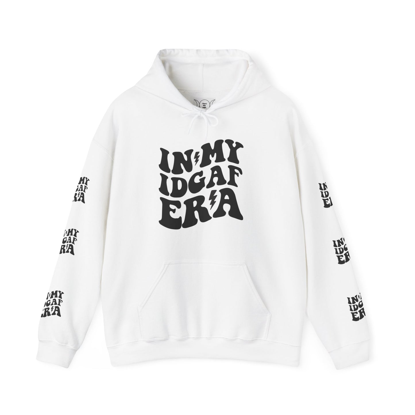 In my IDGAF era,  Unisex Heavy Blend™ Hooded Sweatshirt (side arm design)