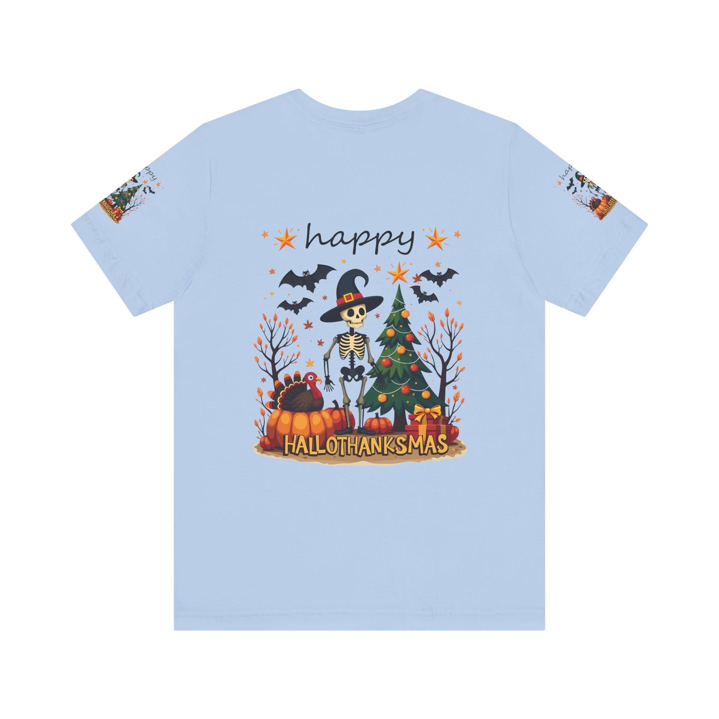 Hello hallothanksmas, Unisex Jersey Short Sleeve Tee ( sleeve design)