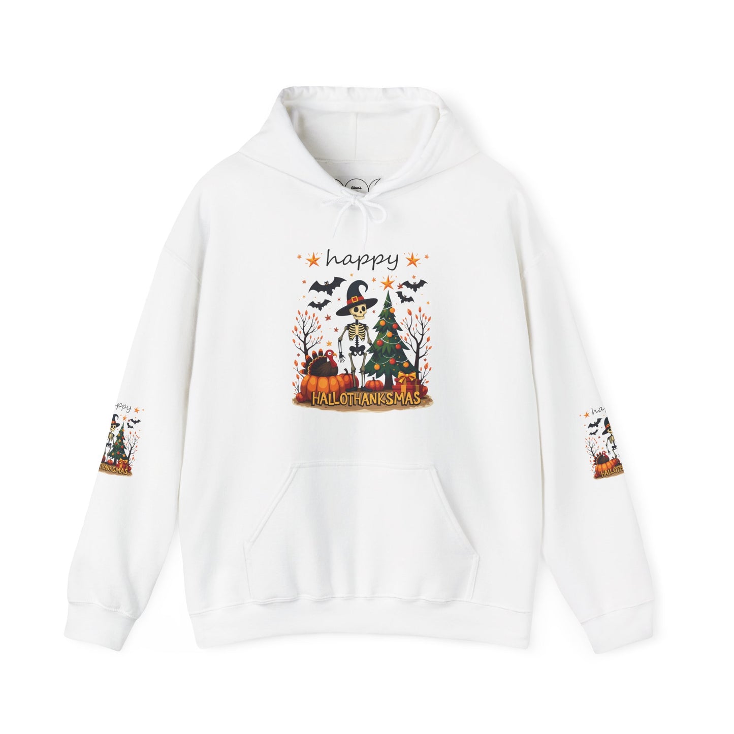 Happy hellothanksmas ,  Unisex Heavy Blend™ Hooded Sweatshirt (sleeve arm design)