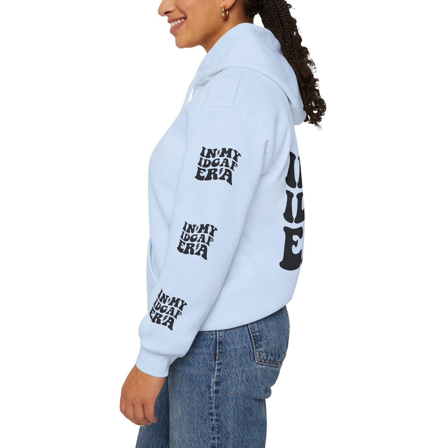 In my IDGAF era,  Unisex Heavy Blend™ Hooded Sweatshirt (side arm design)