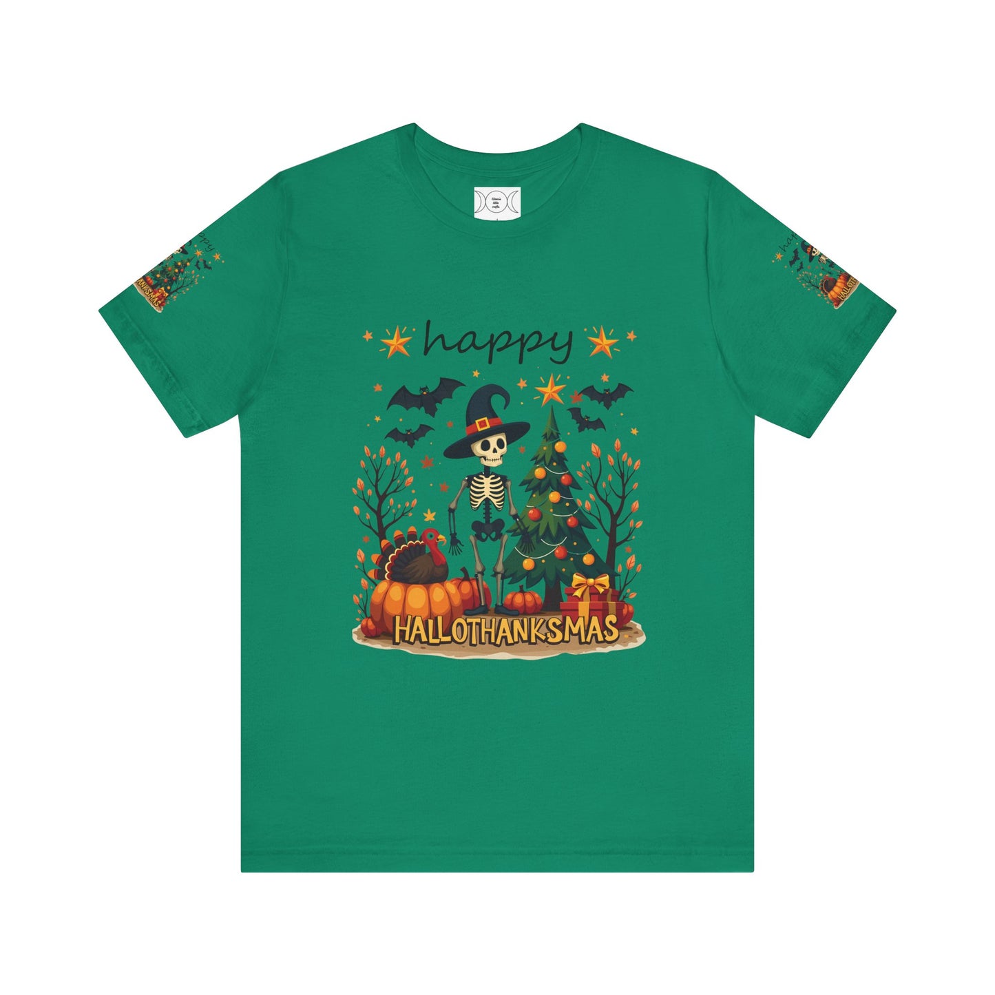 Hello hallothanksmas, Unisex Jersey Short Sleeve Tee ( sleeve design)