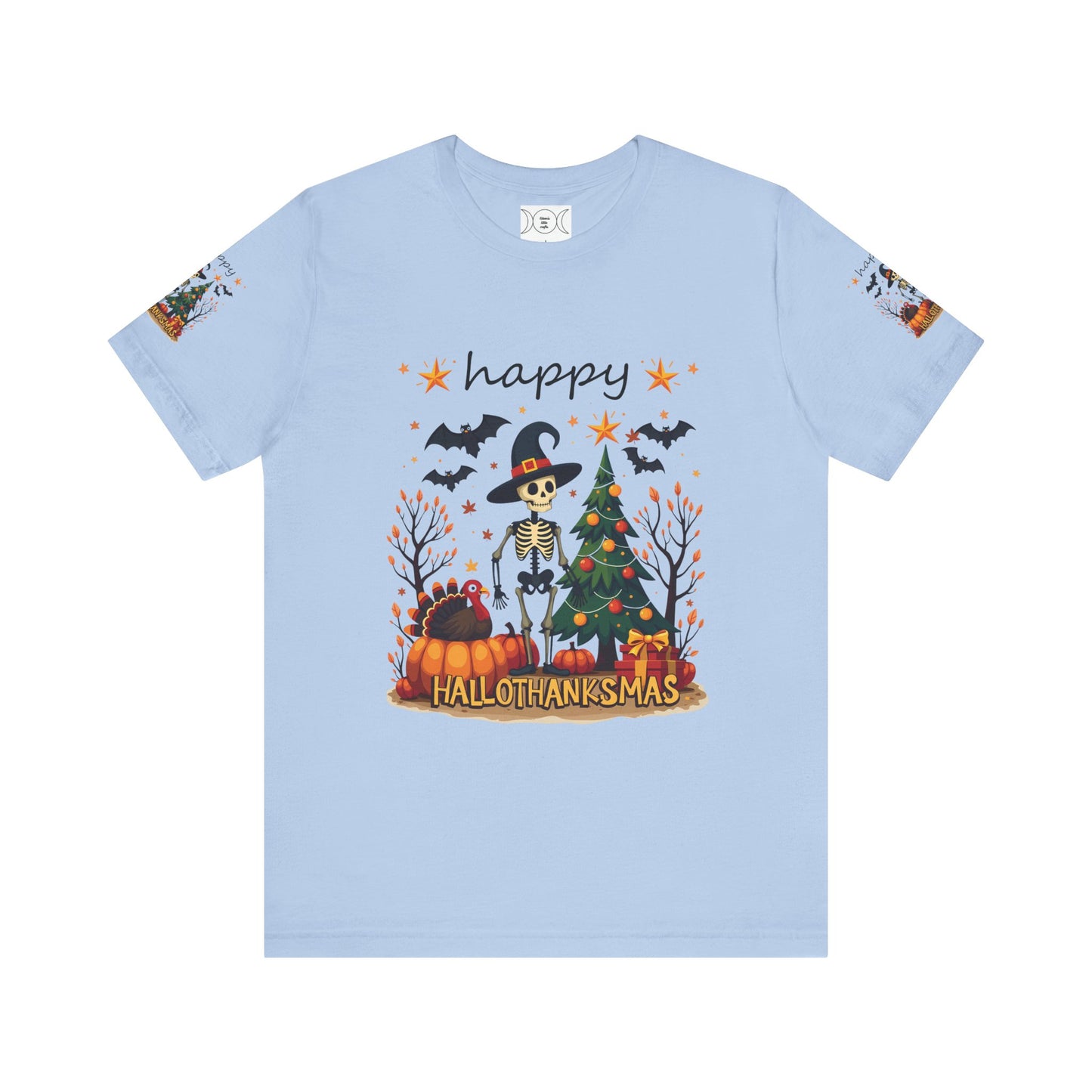 Hello hallothanksmas, Unisex Jersey Short Sleeve Tee ( sleeve design)