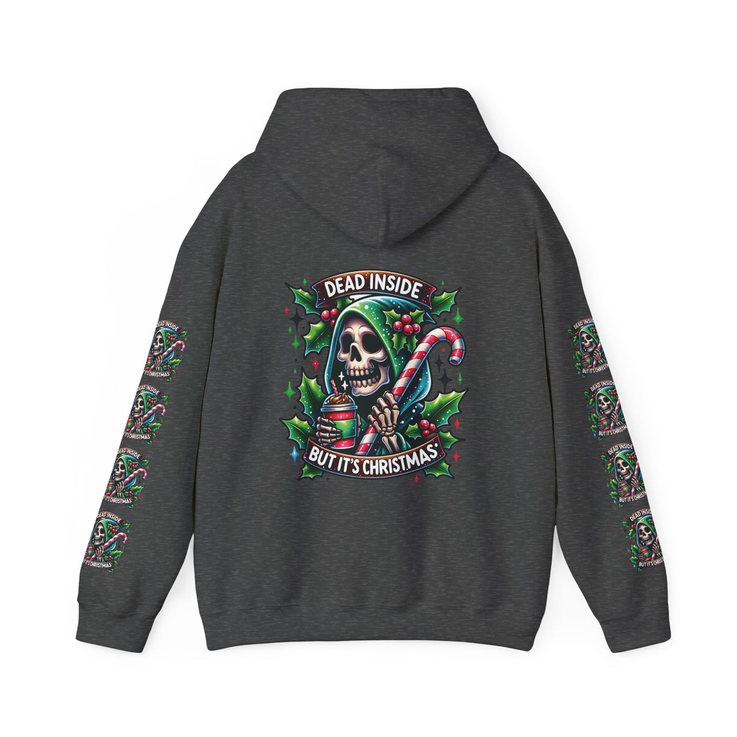 Dead inside but it’s Christmas,  Unisex Heavy Blend™ Hooded Sweatshirt (sleeve arm design)