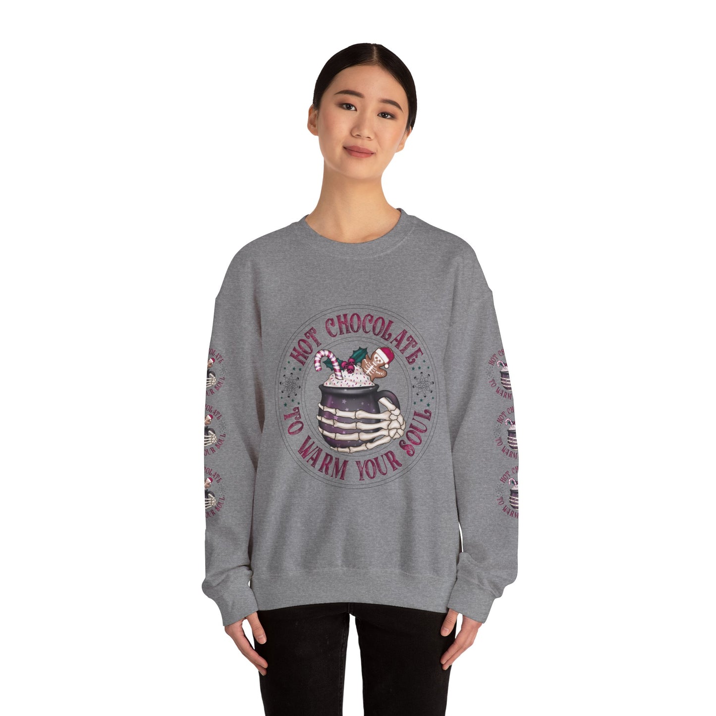 Hot chocolate to warm up my soul, Unisex Heavy Blend™ Crewneck Sweatshirt (Sleeve design)