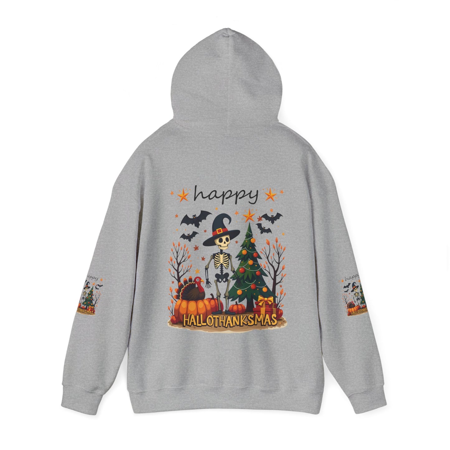 Happy hellothanksmas ,  Unisex Heavy Blend™ Hooded Sweatshirt (sleeve arm design)