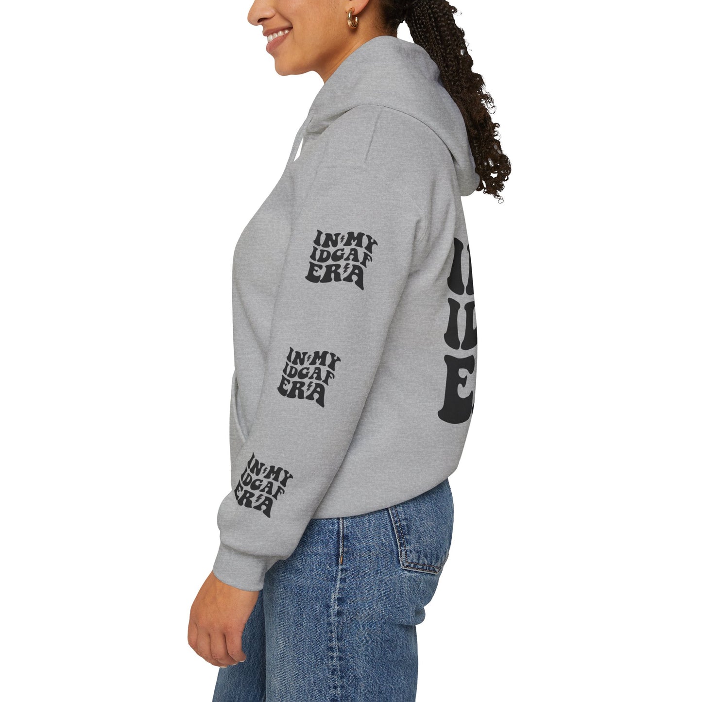 In my IDGAF era,  Unisex Heavy Blend™ Hooded Sweatshirt (side arm design)