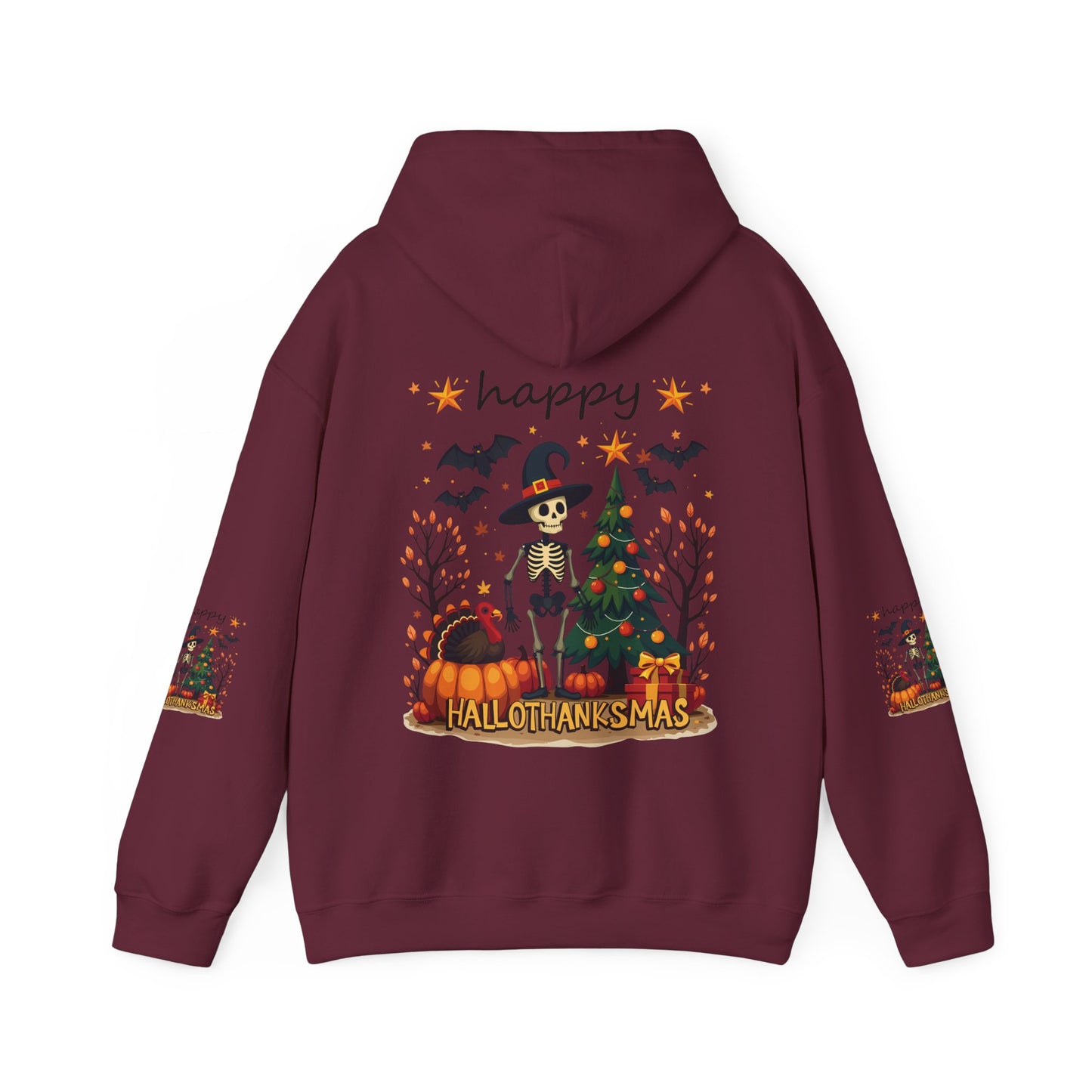 Happy hellothanksmas ,  Unisex Heavy Blend™ Hooded Sweatshirt (sleeve arm design)