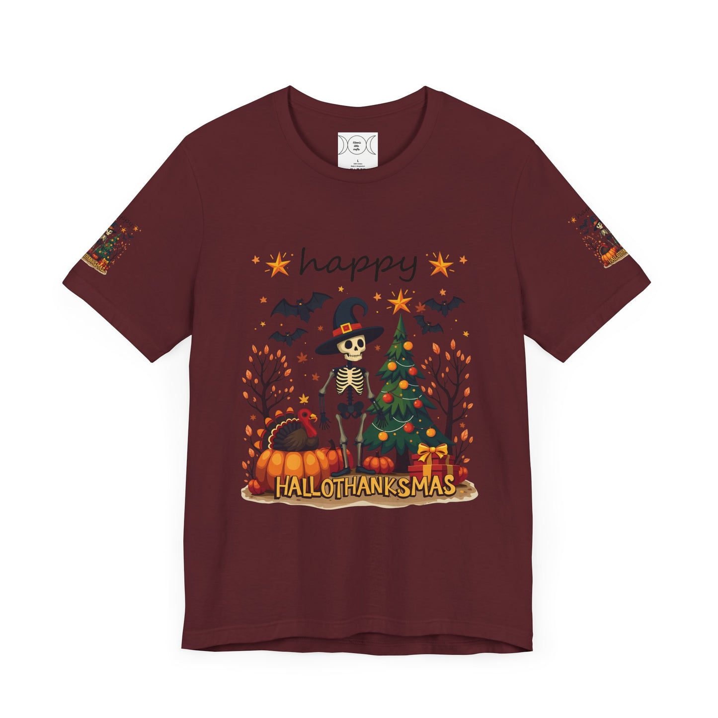 Hello hallothanksmas, Unisex Jersey Short Sleeve Tee ( sleeve design)