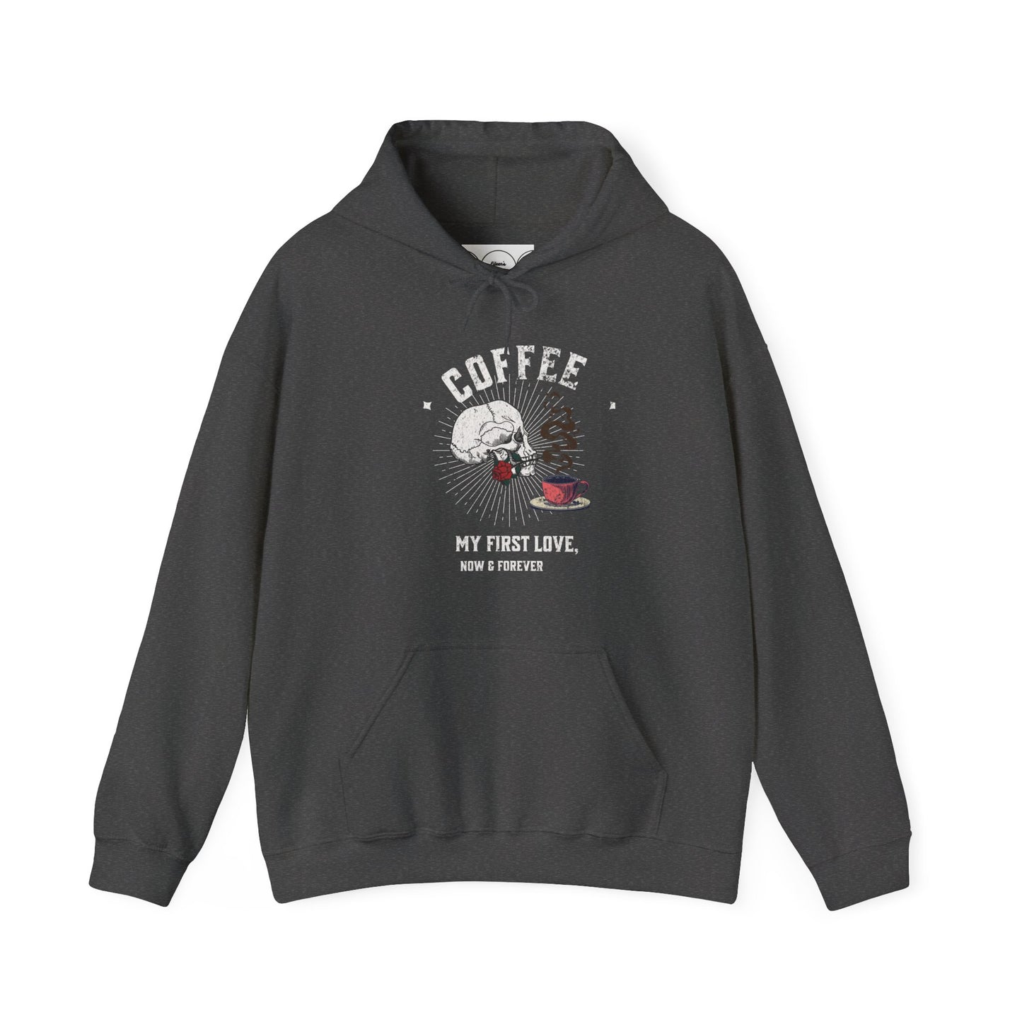 Coffee my first love now & forever, Unisex Heavy Blend™ Hooded Sweatshirt (no sleeve arm design)