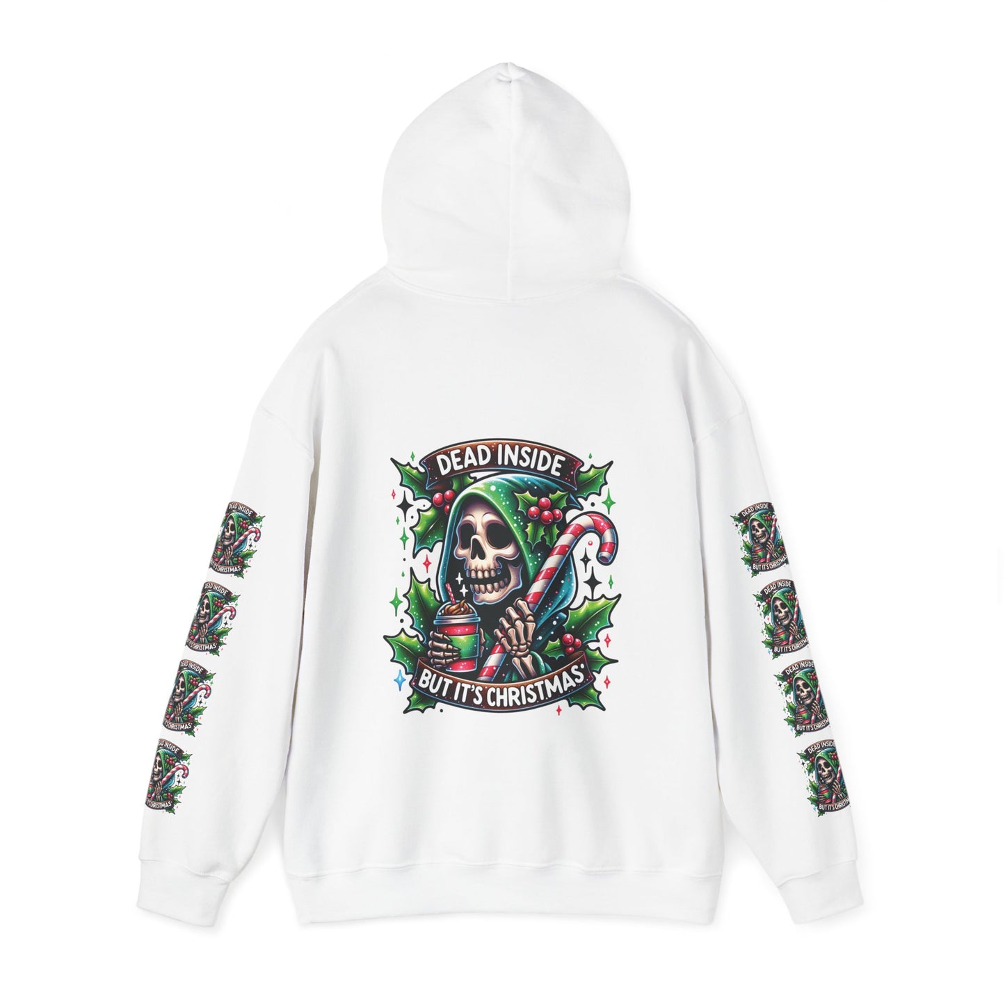 Dead inside but it’s Christmas,  Unisex Heavy Blend™ Hooded Sweatshirt (sleeve arm design)