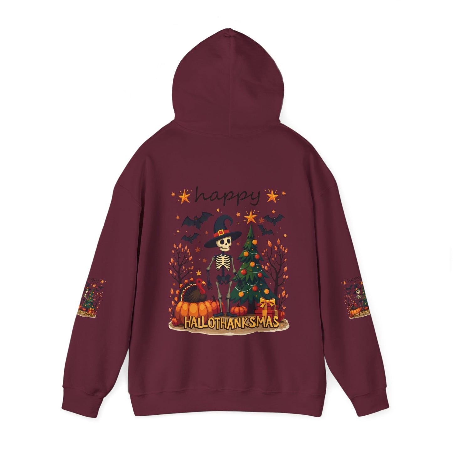 Happy hellothanksmas ,  Unisex Heavy Blend™ Hooded Sweatshirt (sleeve arm design)