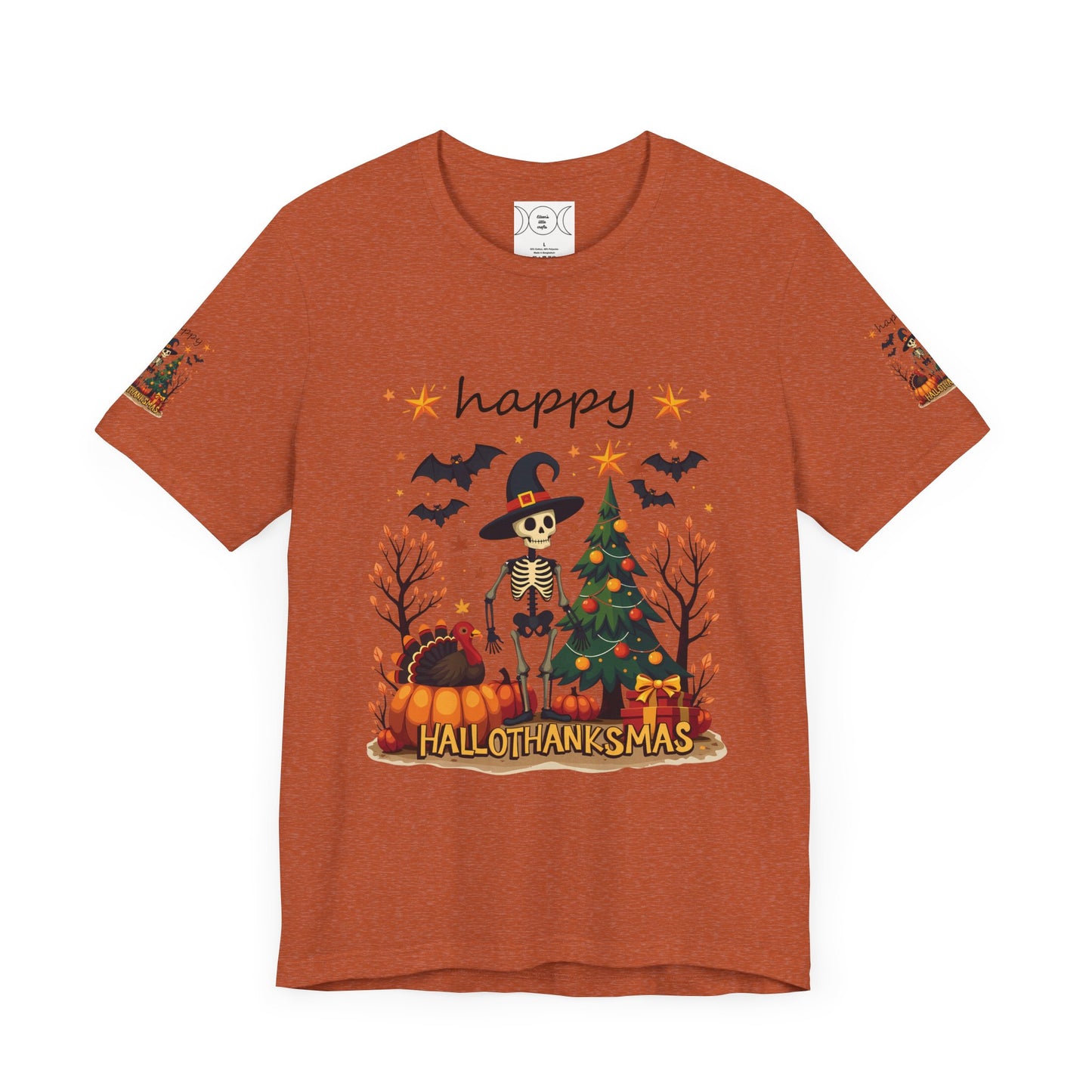 Hello hallothanksmas, Unisex Jersey Short Sleeve Tee ( sleeve design)