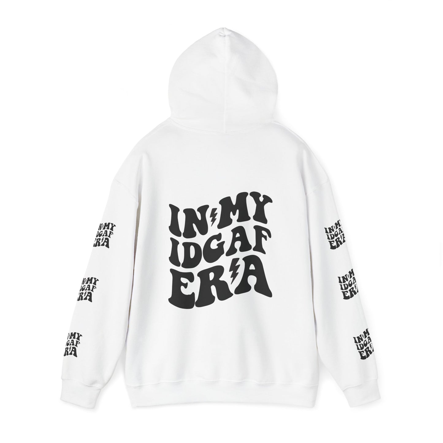 In my IDGAF era,  Unisex Heavy Blend™ Hooded Sweatshirt (side arm design)