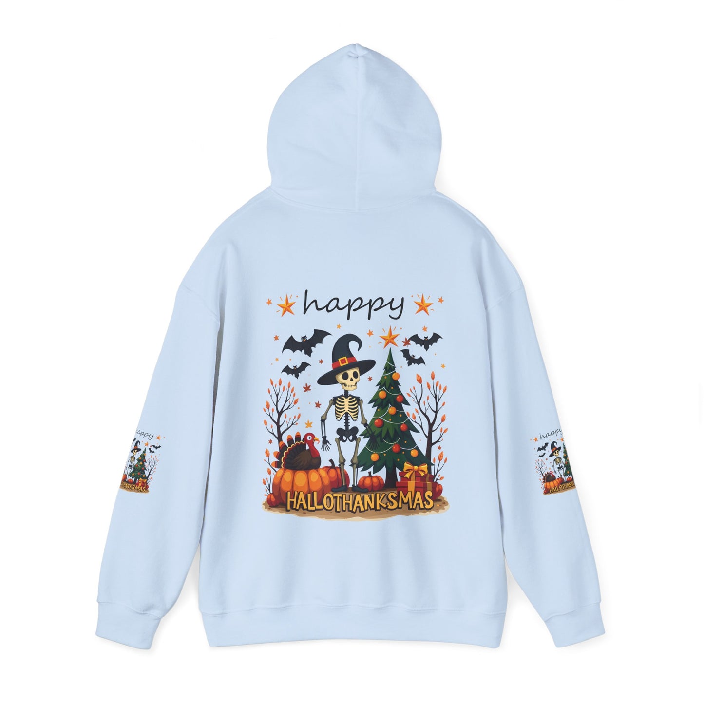 Happy hellothanksmas ,  Unisex Heavy Blend™ Hooded Sweatshirt (sleeve arm design)