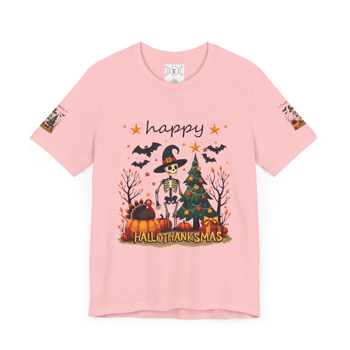 Hello hallothanksmas, Unisex Jersey Short Sleeve Tee ( sleeve design)