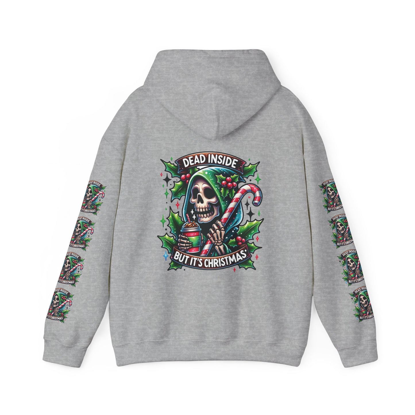 Dead inside but it’s Christmas,  Unisex Heavy Blend™ Hooded Sweatshirt (sleeve arm design)