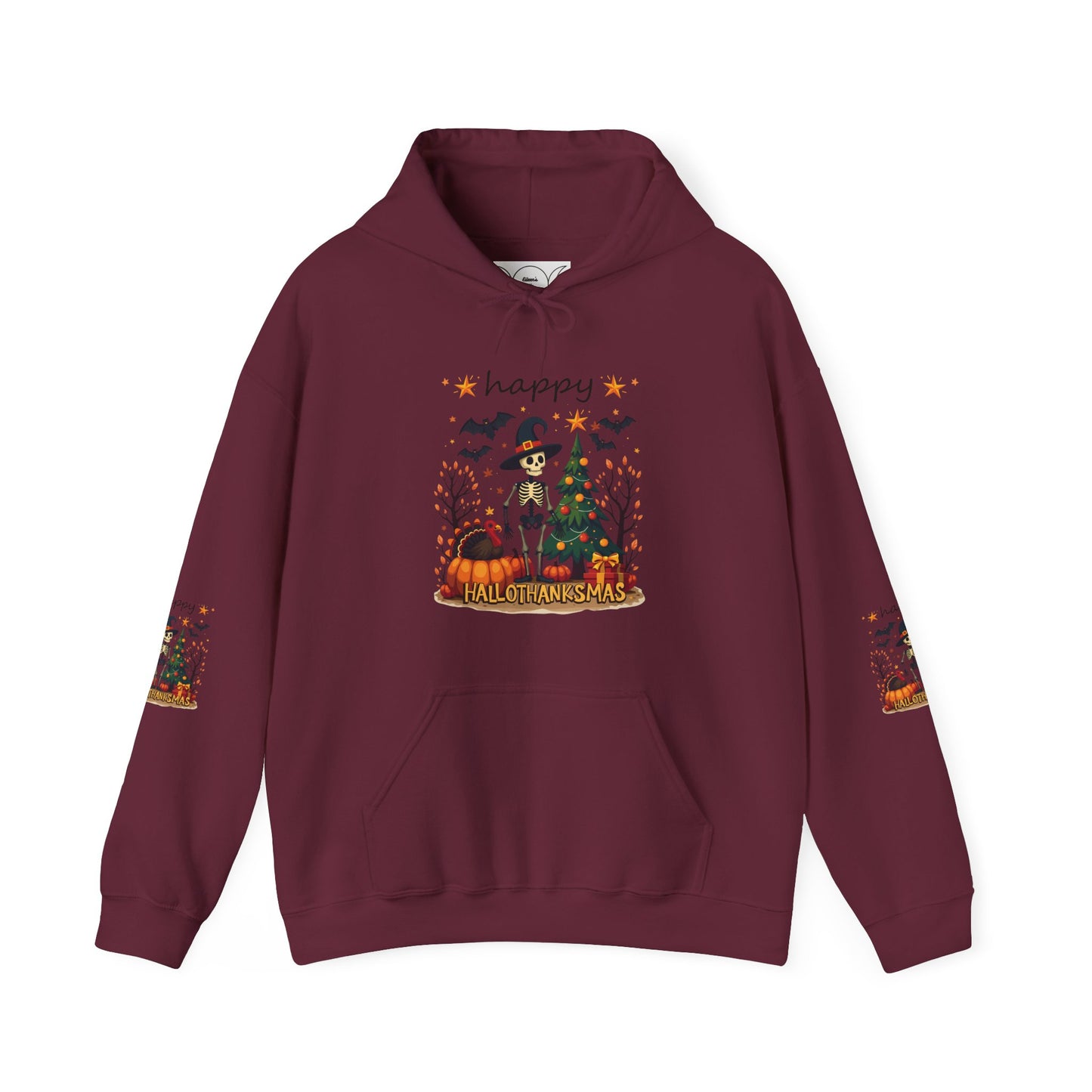 Happy hellothanksmas ,  Unisex Heavy Blend™ Hooded Sweatshirt (sleeve arm design)