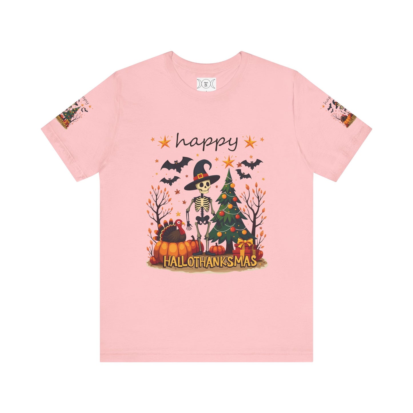 Hello hallothanksmas, Unisex Jersey Short Sleeve Tee ( sleeve design)