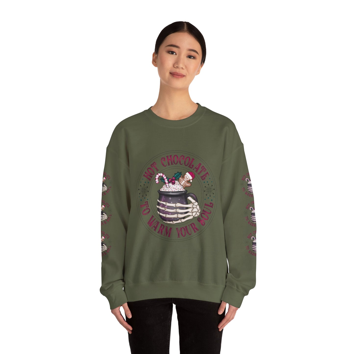 Hot chocolate to warm up my soul, Unisex Heavy Blend™ Crewneck Sweatshirt (Sleeve design)