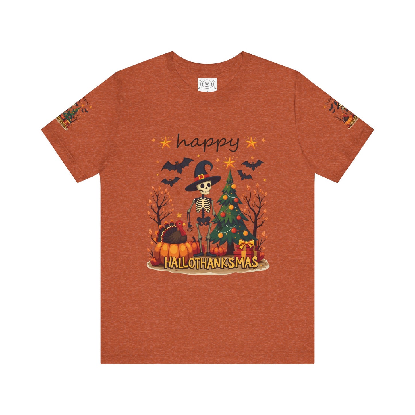 Hello hallothanksmas, Unisex Jersey Short Sleeve Tee ( sleeve design)