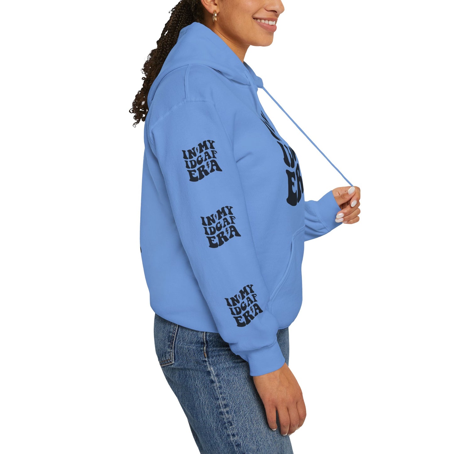 In my IDGAF era,  Unisex Heavy Blend™ Hooded Sweatshirt (side arm design)