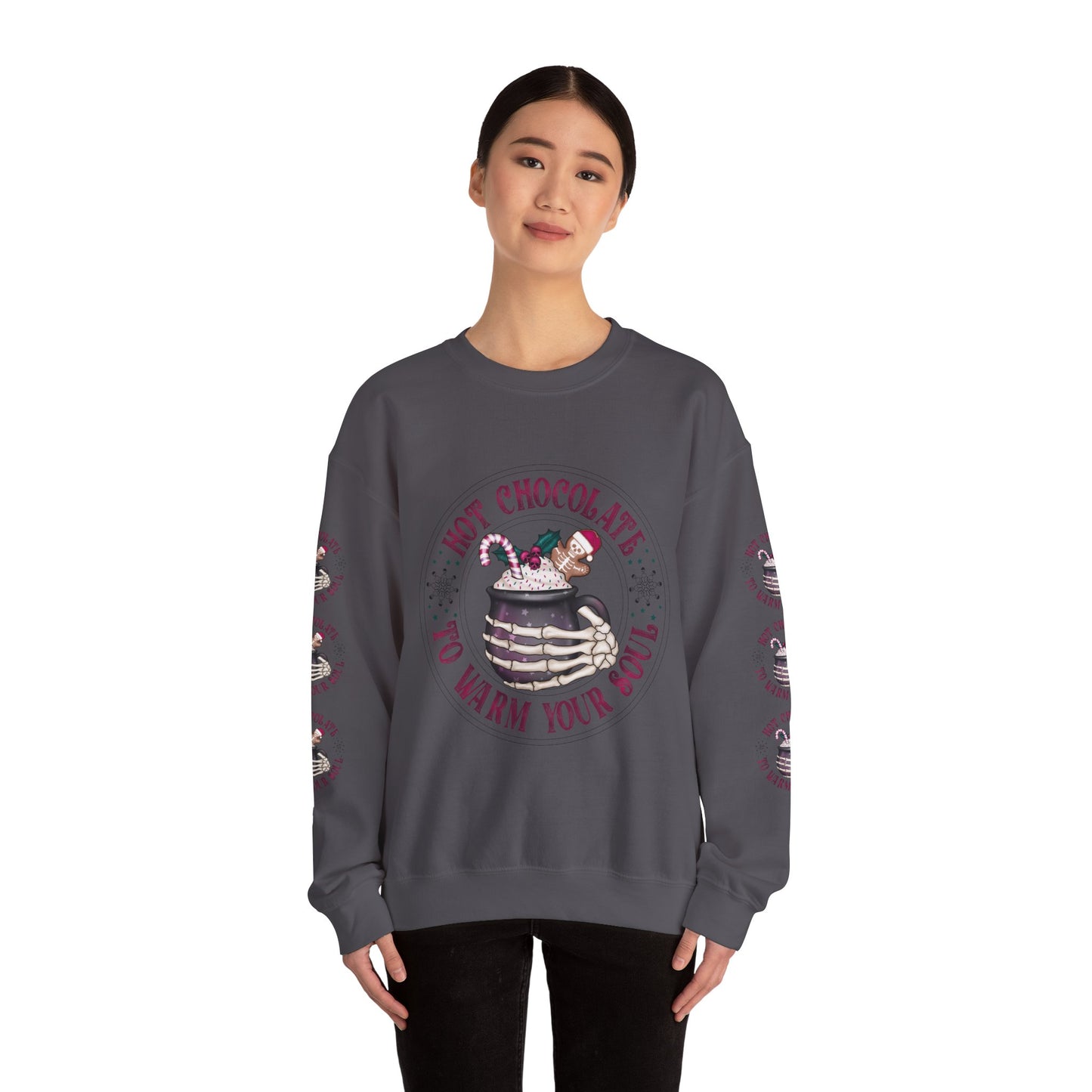 Hot chocolate to warm up my soul, Unisex Heavy Blend™ Crewneck Sweatshirt (Sleeve design)