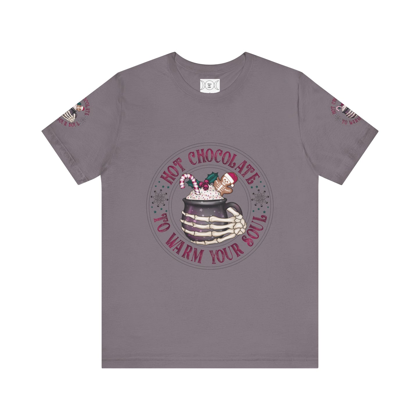 Hot chocolate to warm up my soul, Unisex Jersey Short Sleeve Tee (sleeve design)