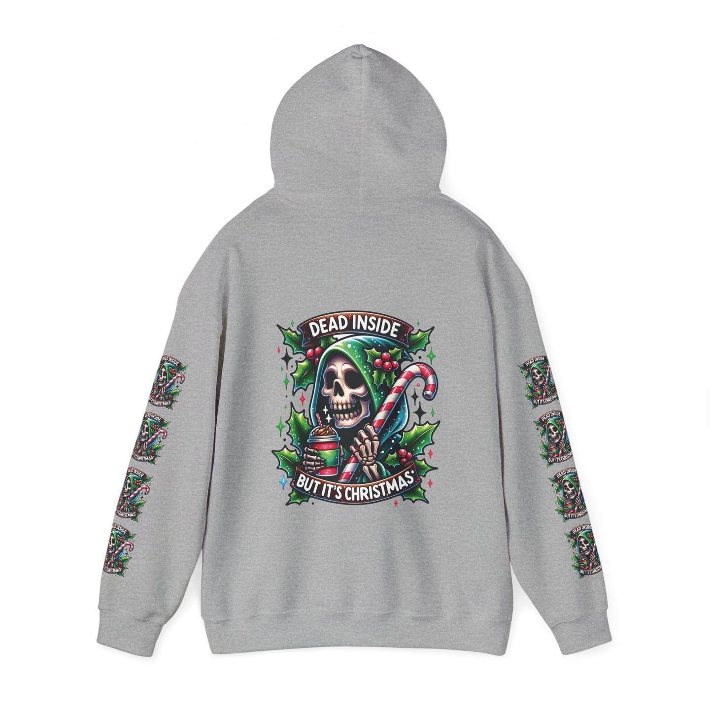 Dead inside but it’s Christmas,  Unisex Heavy Blend™ Hooded Sweatshirt (sleeve arm design)