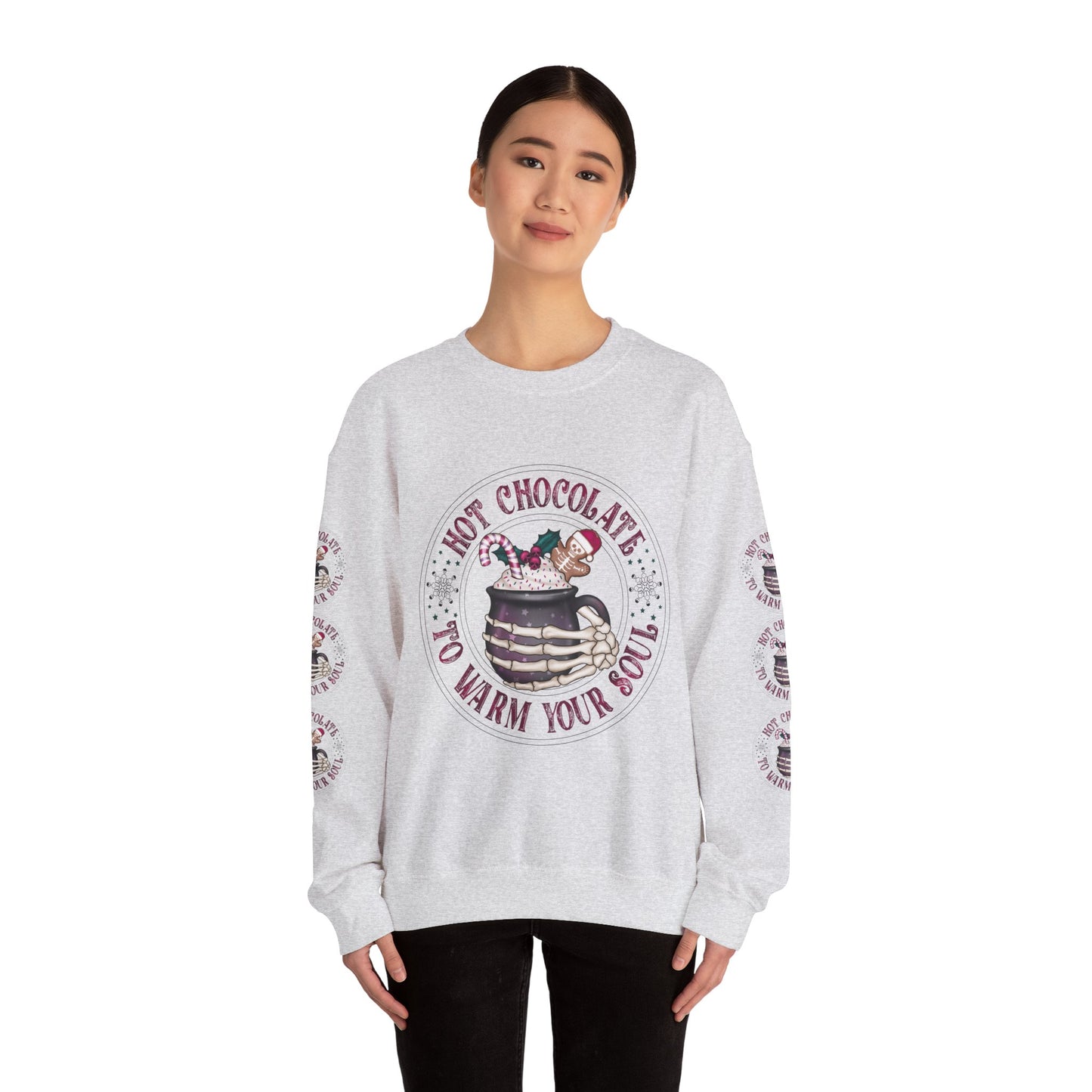 Hot chocolate to warm up my soul, Unisex Heavy Blend™ Crewneck Sweatshirt (Sleeve design)