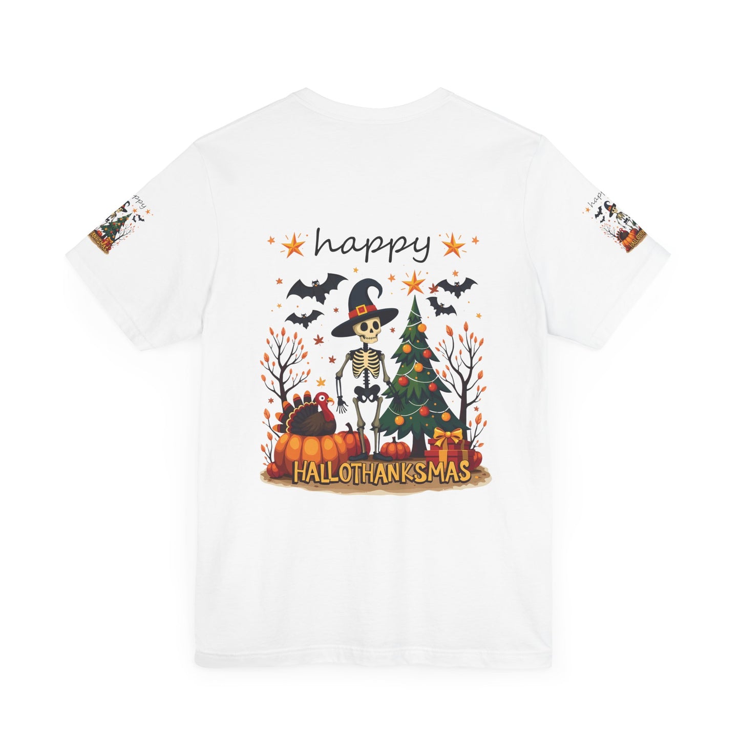 Hello hallothanksmas, Unisex Jersey Short Sleeve Tee ( sleeve design)